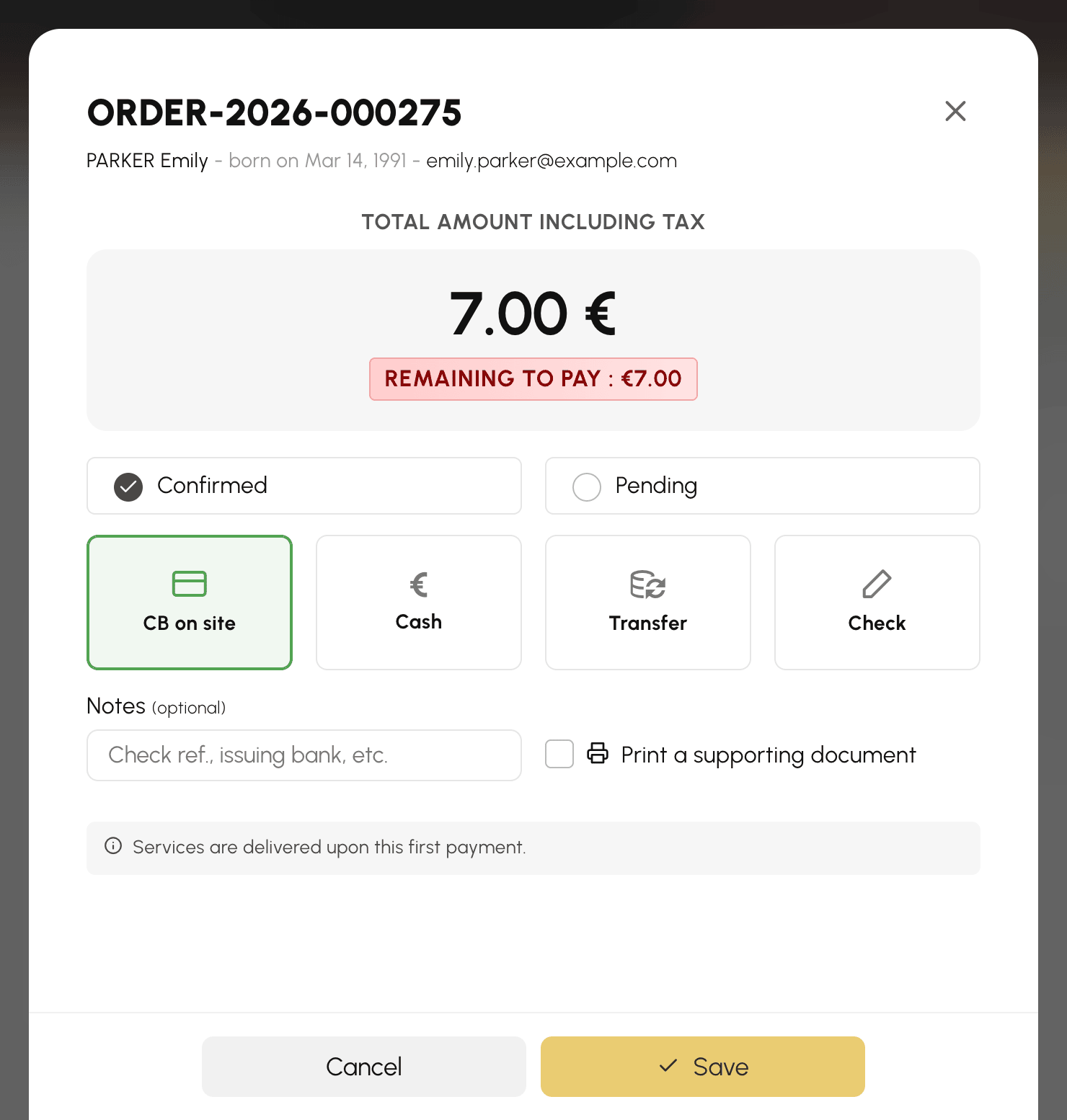 Payment collection window opened from the pending booking: order amount and payment method