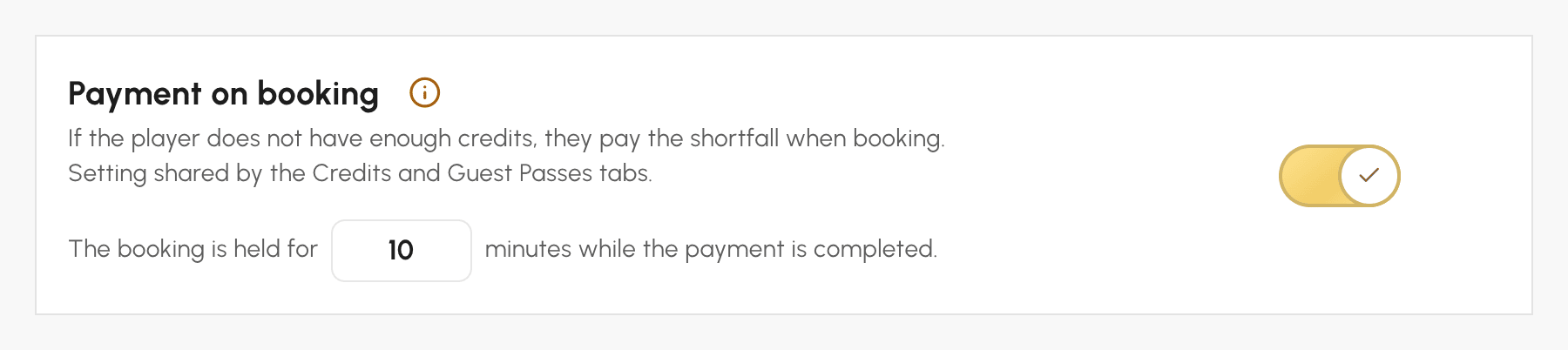 Payment at booking option under Payments & billing in the Credits tab, with the time allowed to pay
