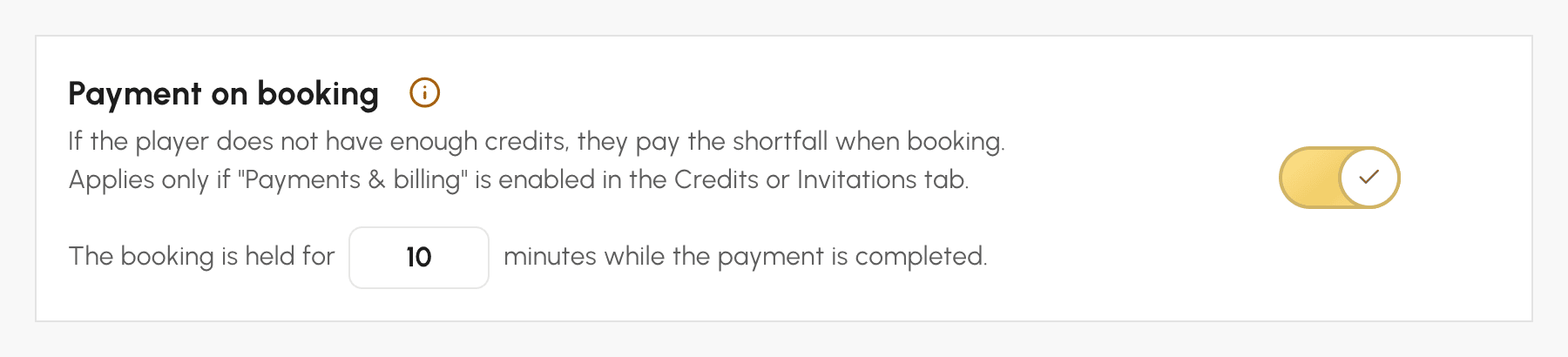 Payment at booking option in the General tab of the subscription, with the time allowed for payment