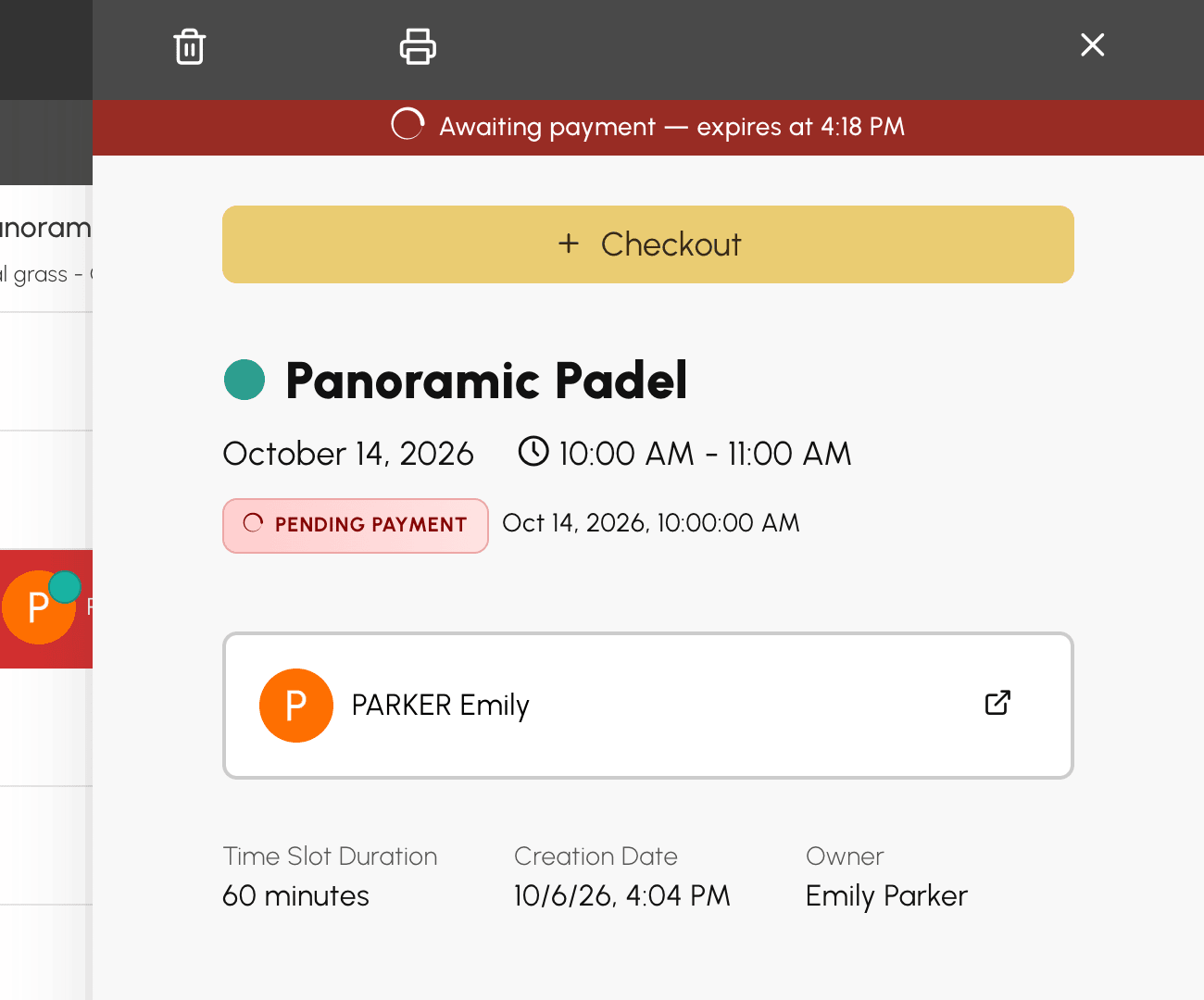 Panel of a booking awaiting payment as seen by a club manager, with the deadline and the Checkout button