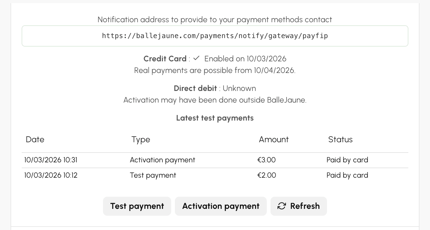 Notification address, activation status and latest test payments