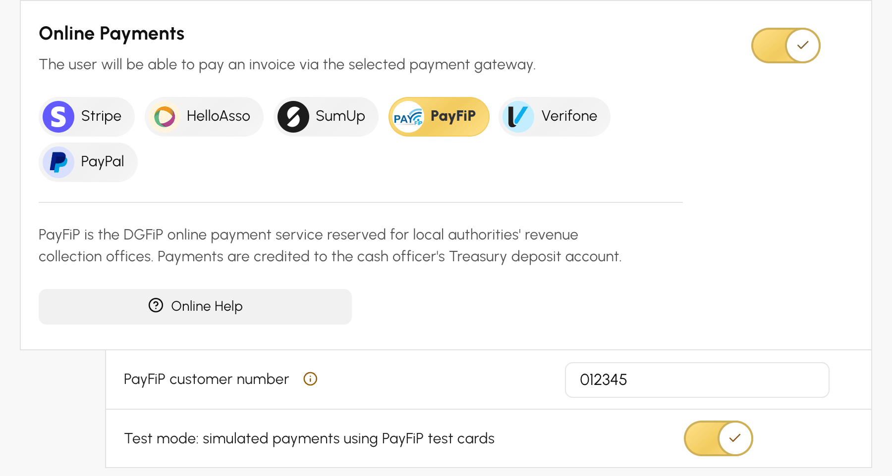 Selecting PayFiP and entering the customer number on a billing account