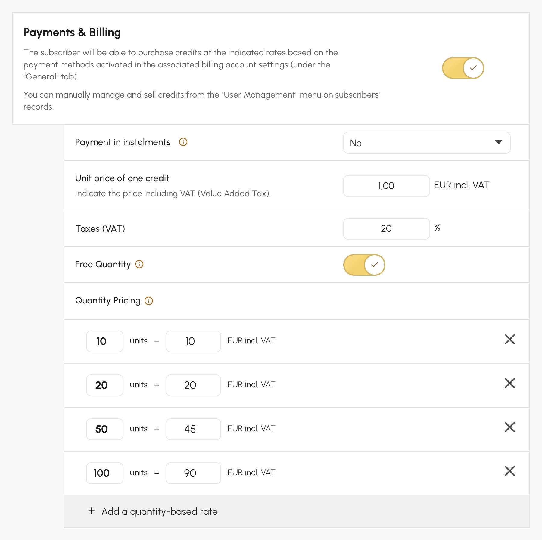 Payments & billing section of the Credits tab: online sales enabled, unit price of €1 and decreasing volume prices