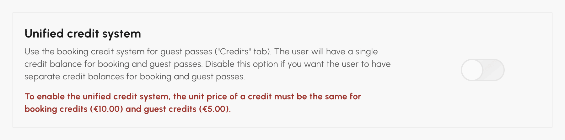 Unified credit system option enabled in the Guest passes tab: message about different unit prices and checkbox for converting remaining guest credits