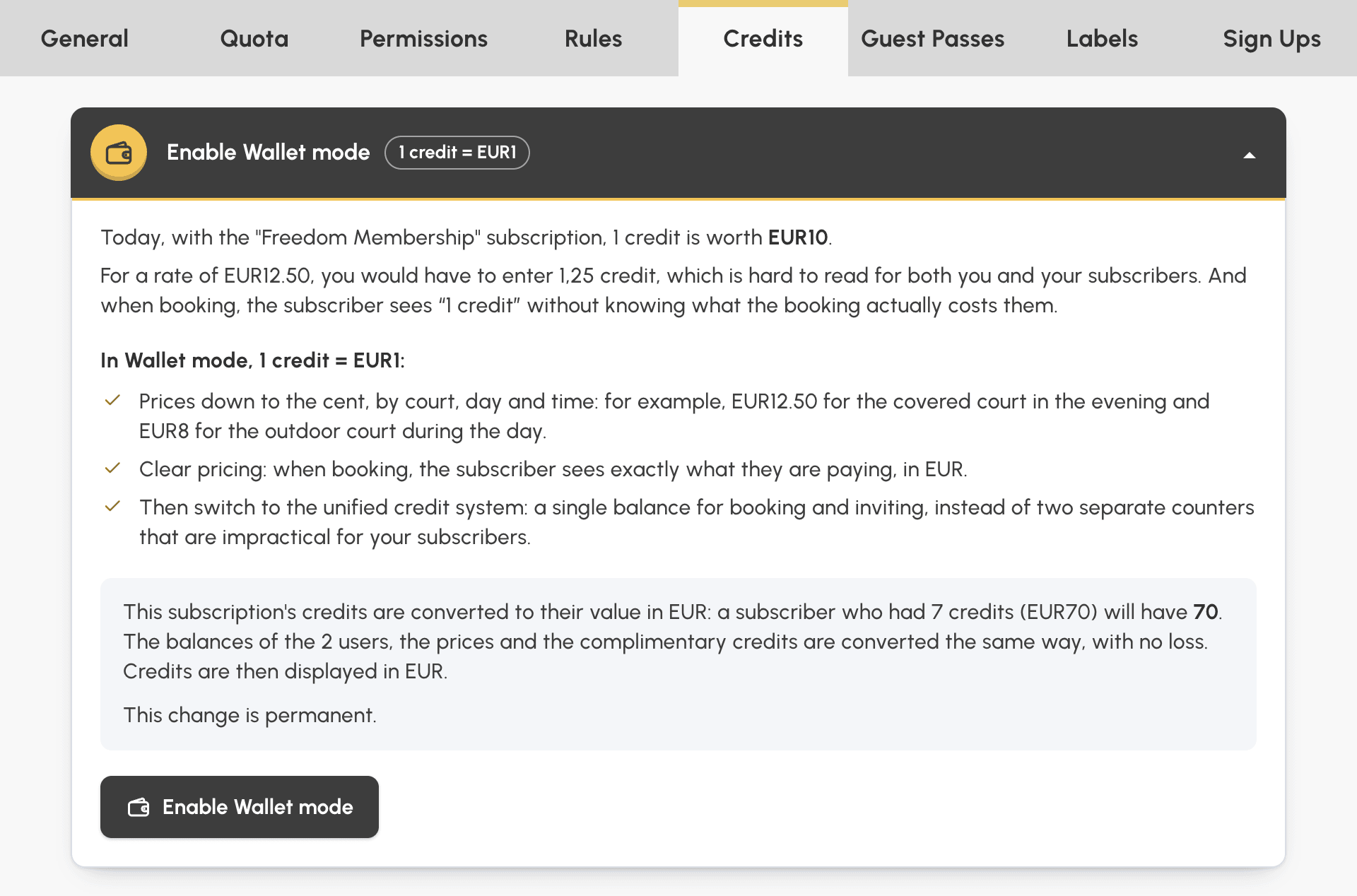 Izvērsts bloks „Aktivizēt Wallet režīmu” Abonementa Liberté cilnē „Kredīti” pie 10 € par kredītu: kas mainās un konvertēšanas poga