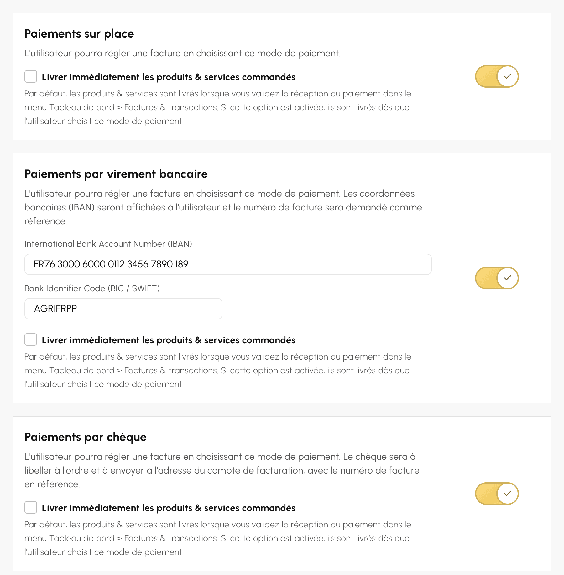 Réglages des paiements sur place, par virement et par chèque d'un compte de facturation