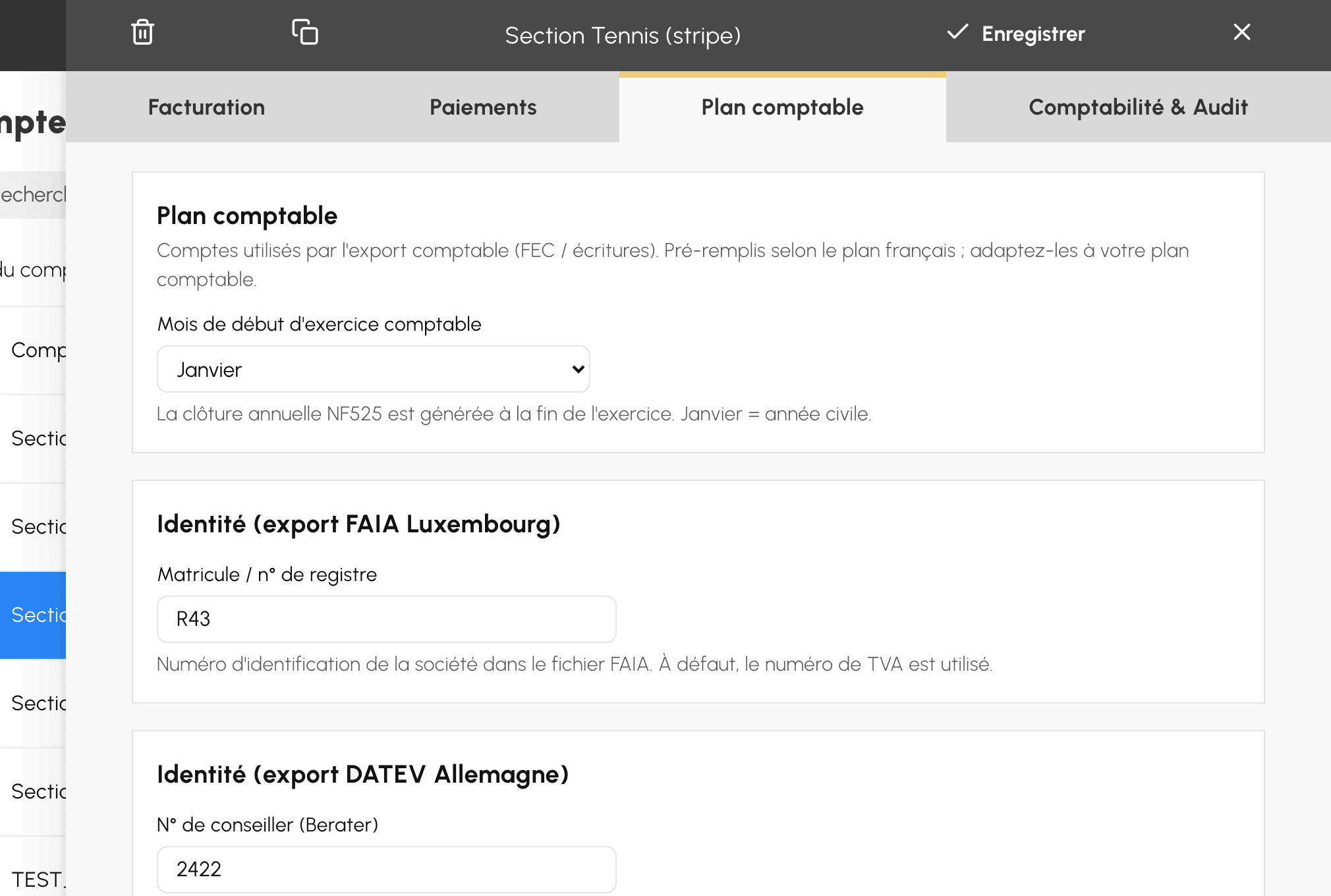 Onglet du plan comptable