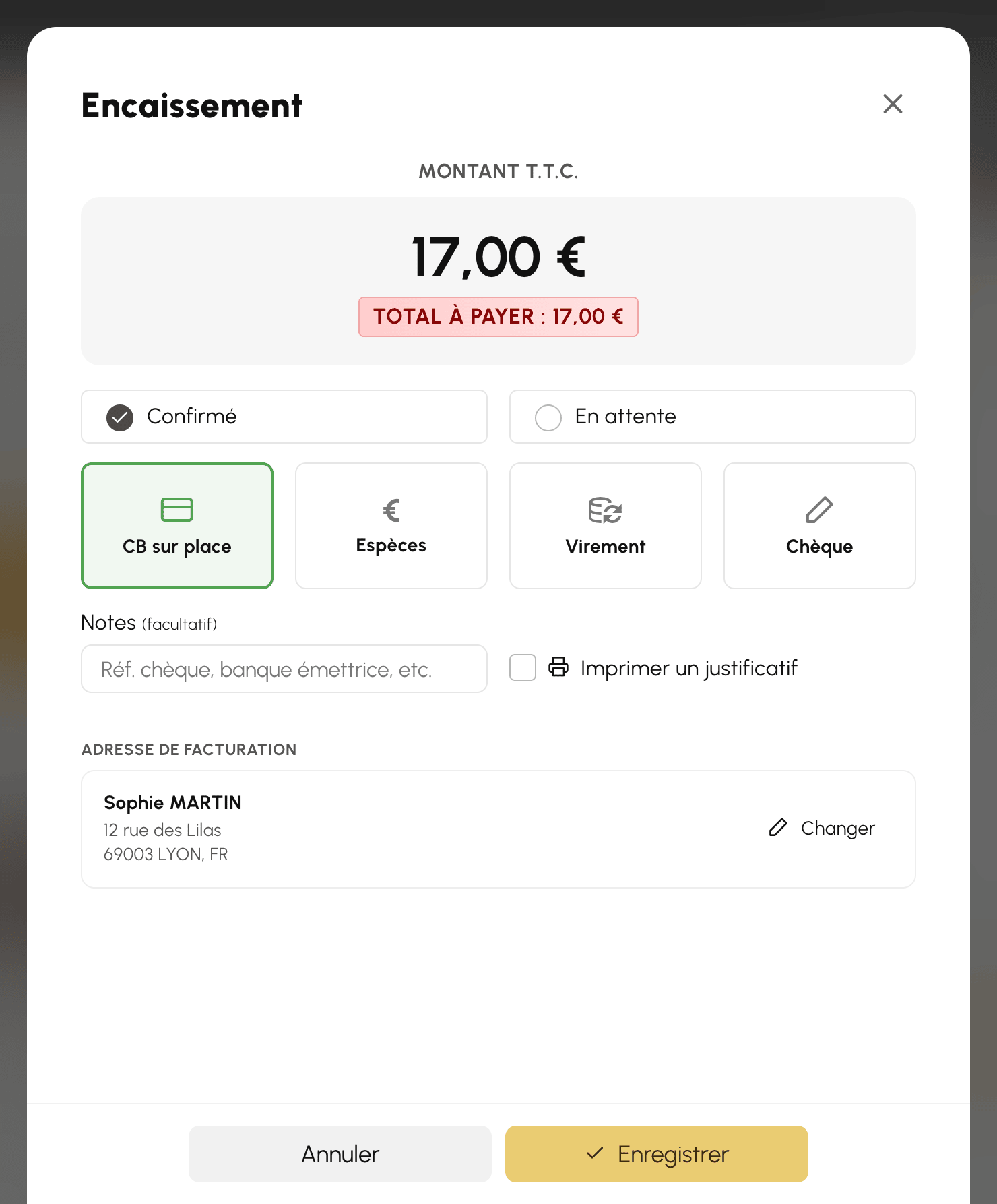 Fenêtre d'encaissement : statut du paiement, moyen de règlement et adresse de facturation du client