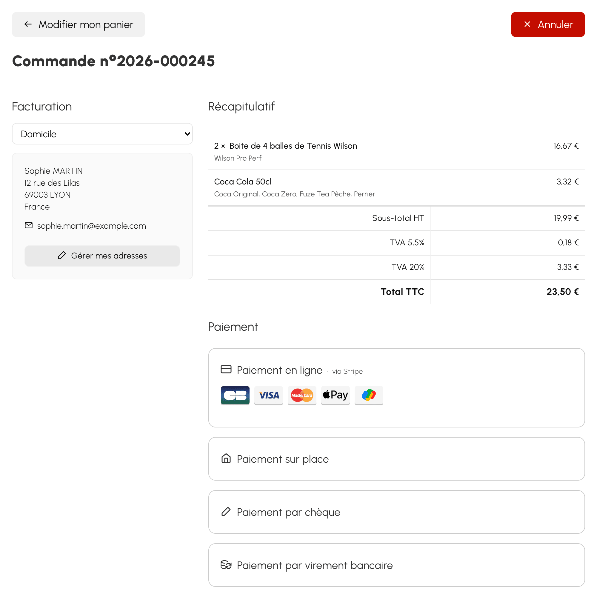 Modes de paiement proposés à l'utilisateur sur la page de commande