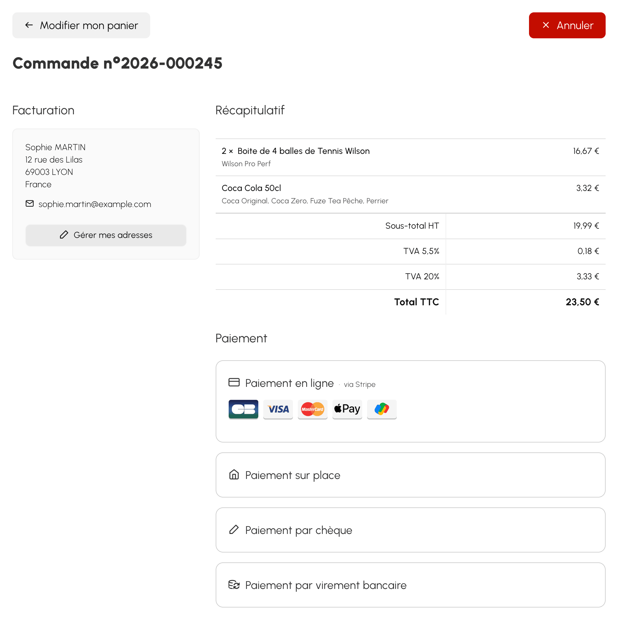 Modes de paiement proposés à l'utilisateur sur la page de commande