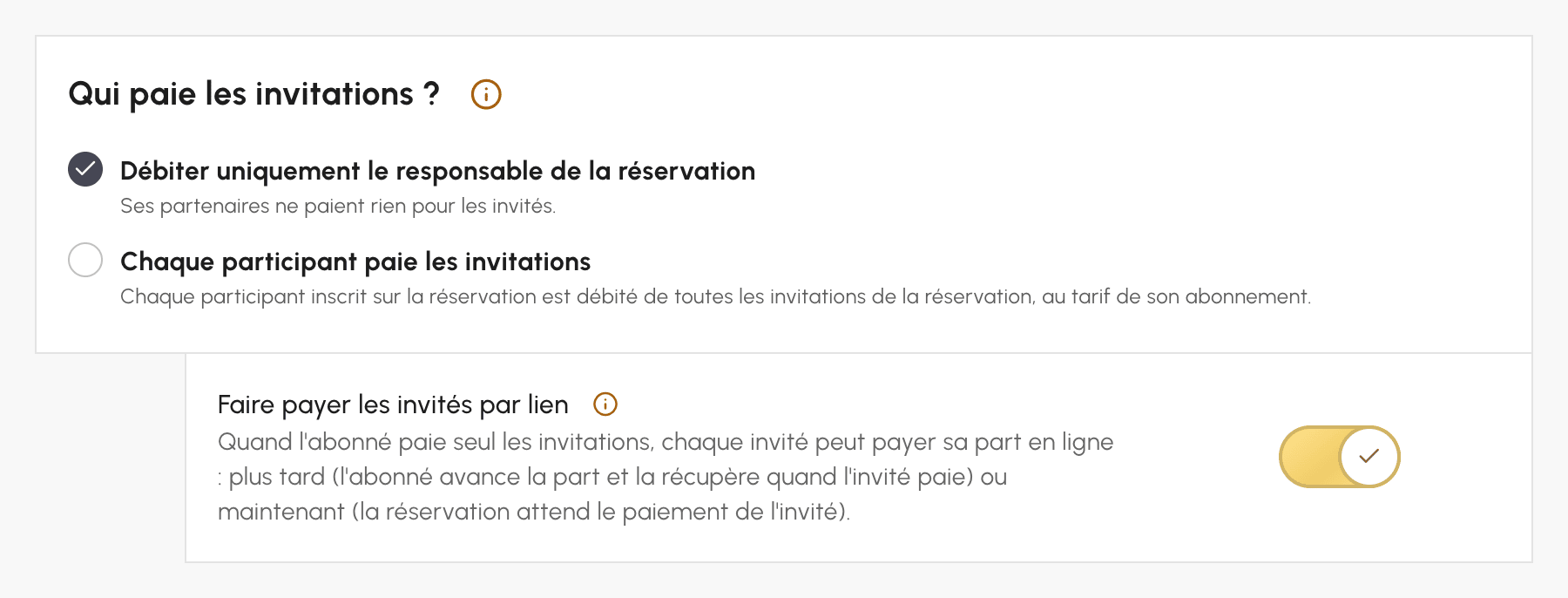 Bloc Qui paie les invitations ? de l'onglet Invitations, avec l'option Faire payer les invités par lien activée