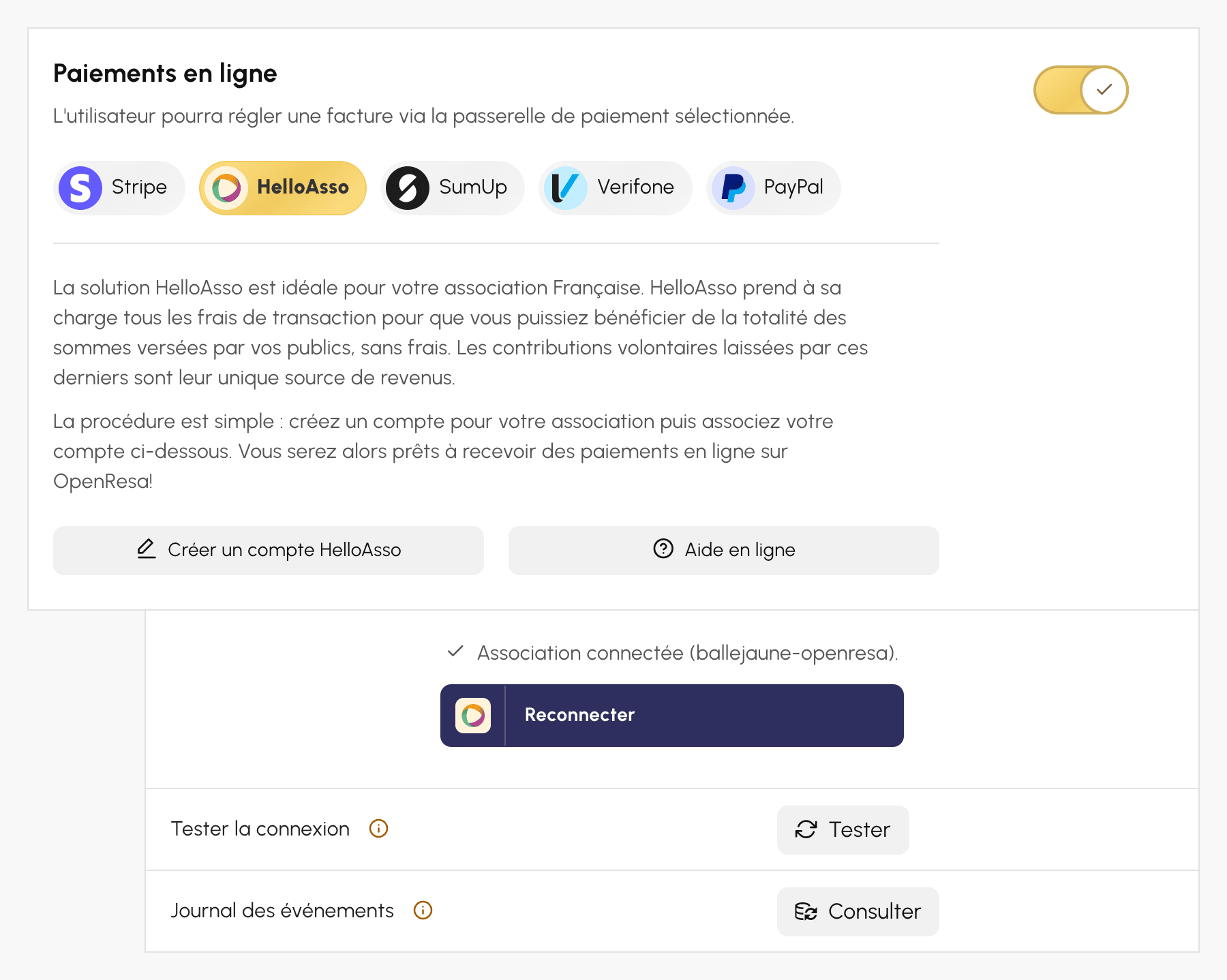 Connexion de l'association HelloAsso depuis un compte de facturation