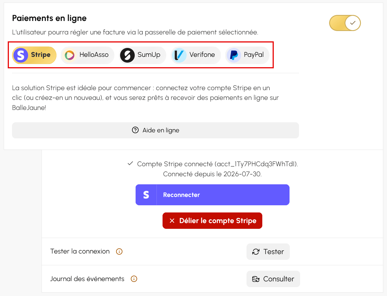 Choix de la passerelle de paiement en ligne