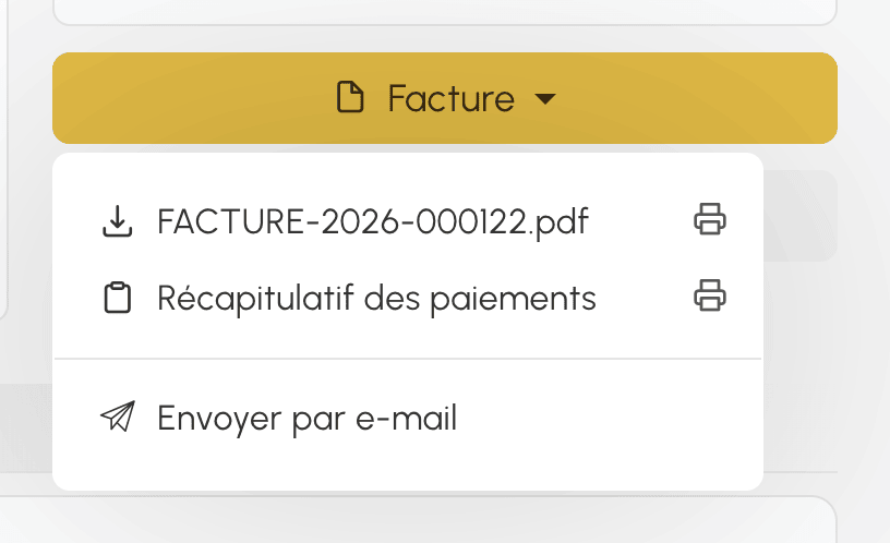Menu des documents d'une vente : facture, récapitulatif des paiements et envoi par e-mail