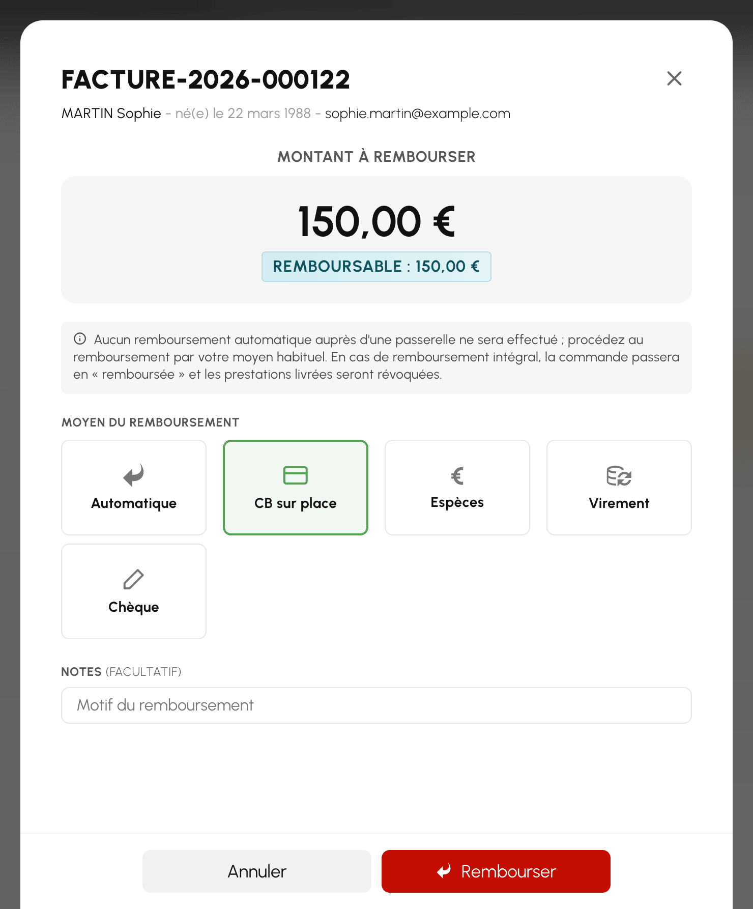 Fenêtre de remboursement : montant, moyen de remboursement et notes