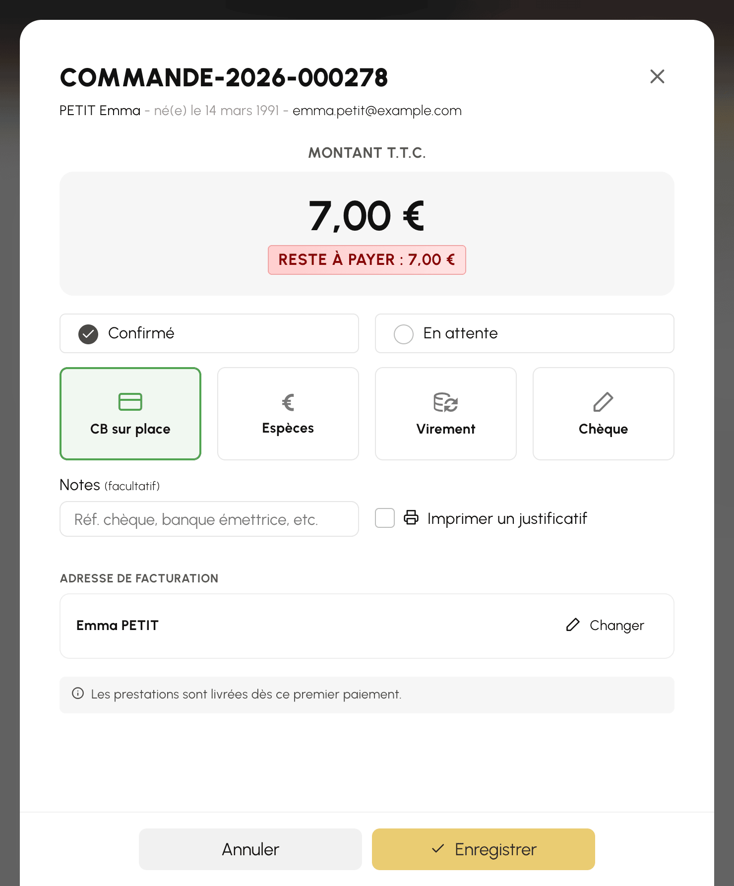 Fenêtre d'encaissement ouverte depuis la réservation en attente : montant de la commande et moyen de paiement