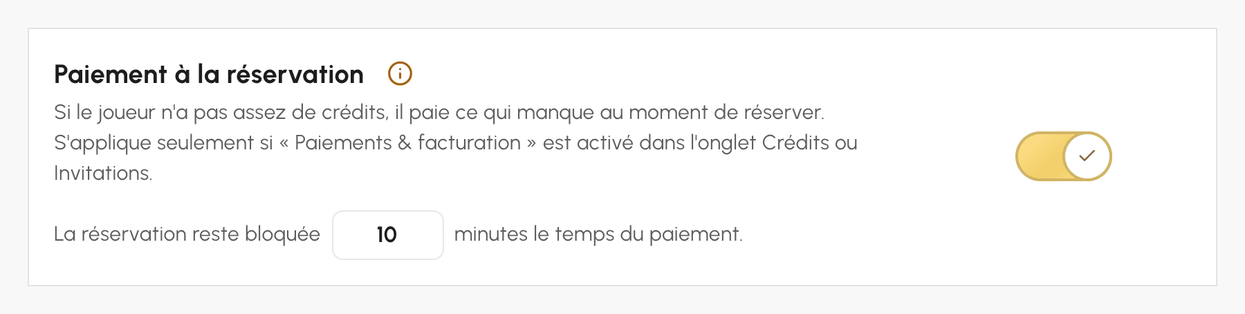 Option Paiement à la réservation dans l'onglet Général de l'abonnement, avec le délai laissé pour payer