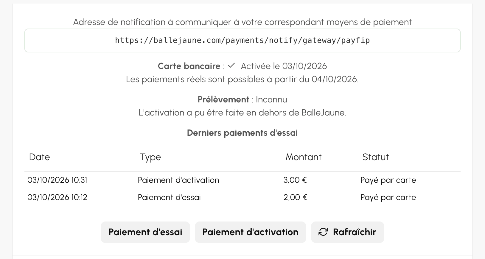 Adresse de notification, état de l'activation et derniers paiements d'essai