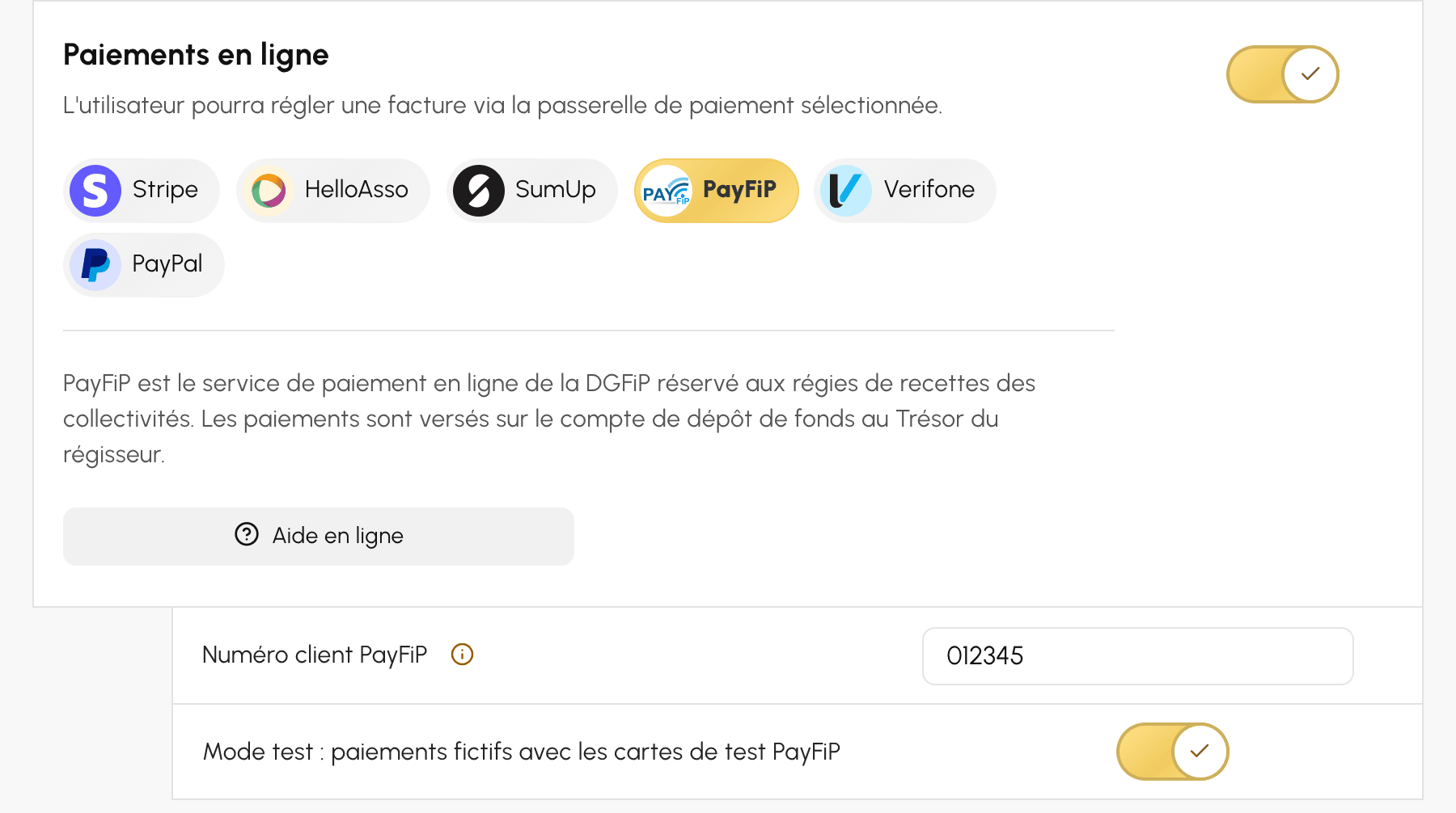 Choix de PayFiP et saisie du numéro client sur un compte de facturation