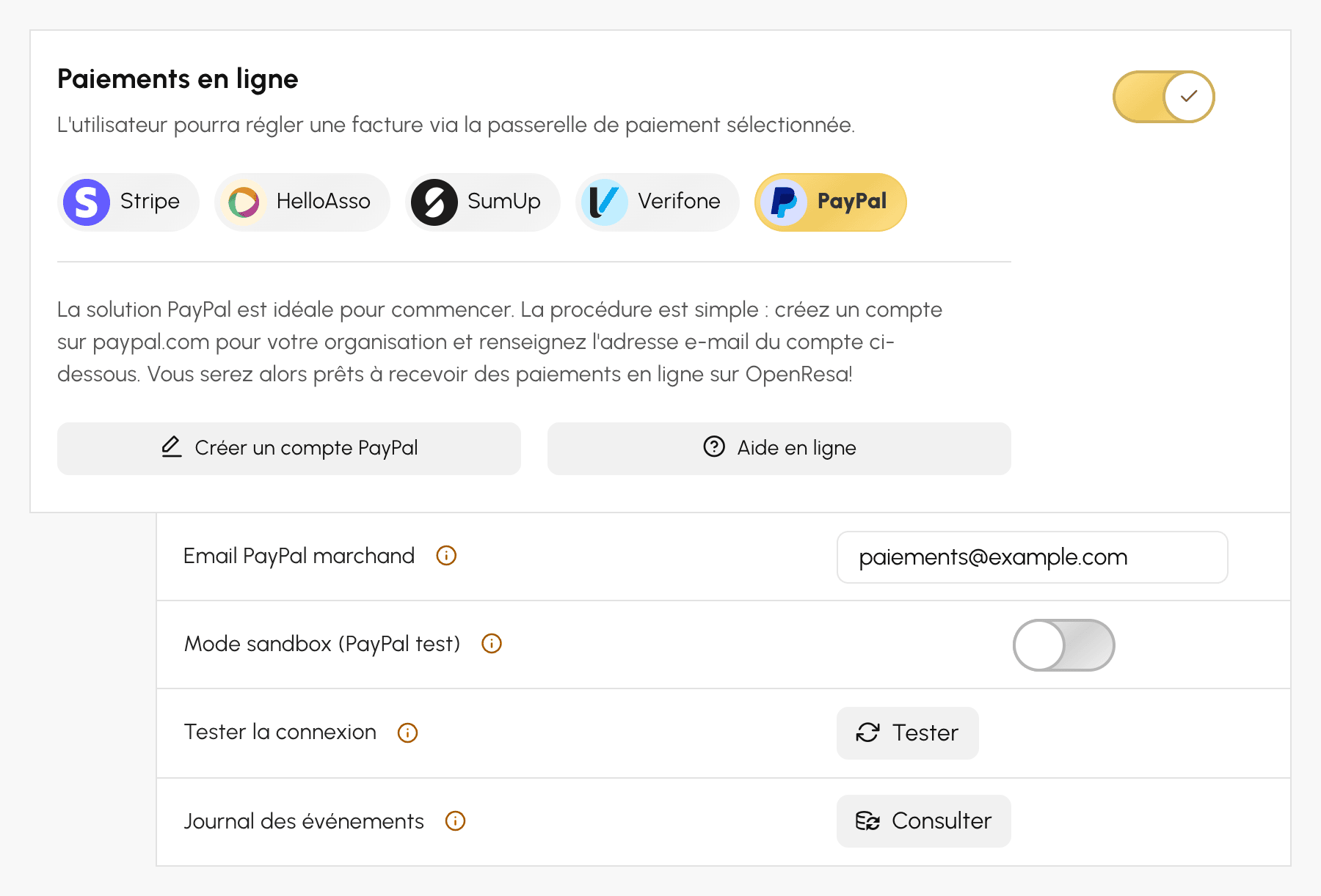 Formulaire de connexion PayPal
