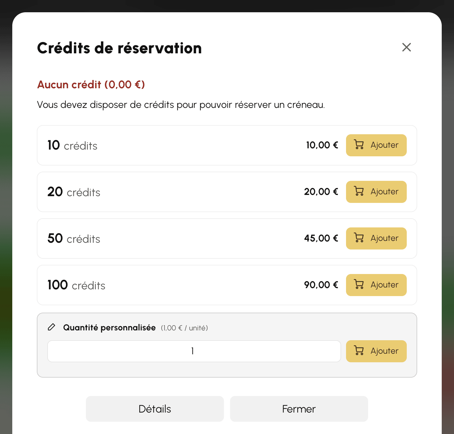Fenêtre d'achat de crédits vue par l'utilisateur : son solde, les carnets proposés et une quantité personnalisée au tarif unitaire