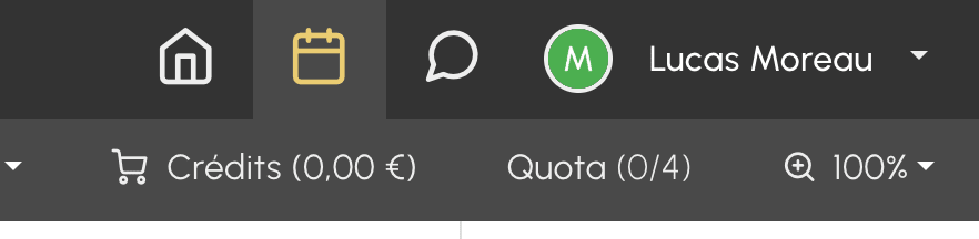 Bouton Crédits de la barre d'outils du calendrier, avec le solde de l'utilisateur affiché en devise