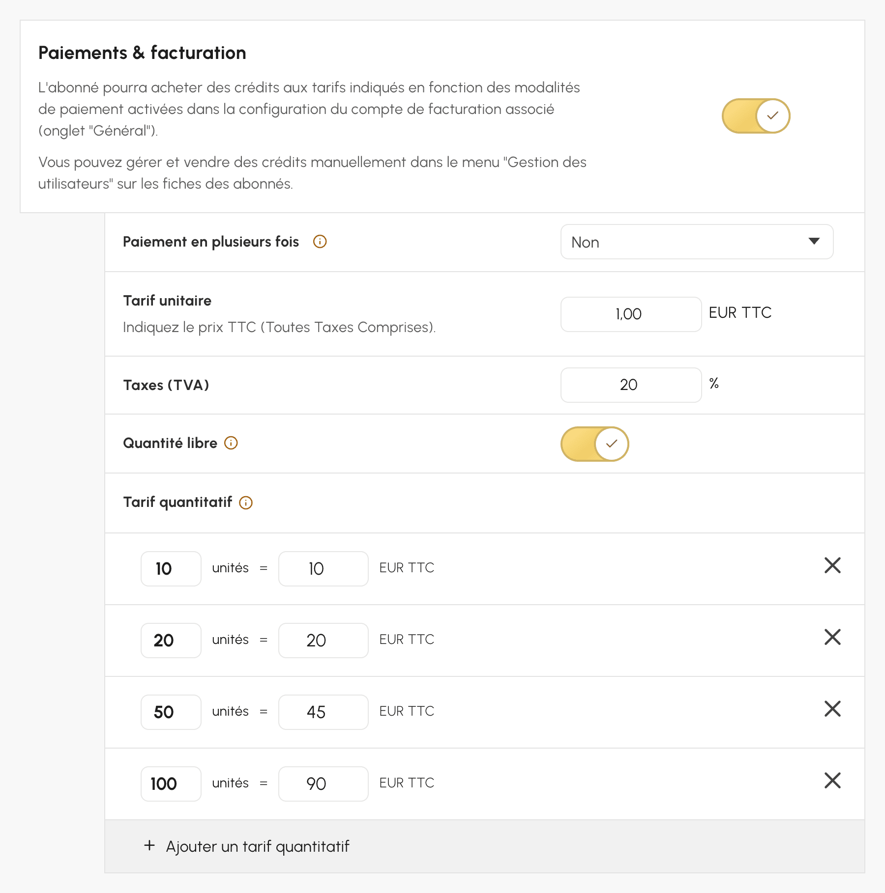 Rubrique Paiements & facturation de l'onglet Crédits : vente en ligne activée, tarif unitaire de 1 € et tarifs quantitatifs dégressifs