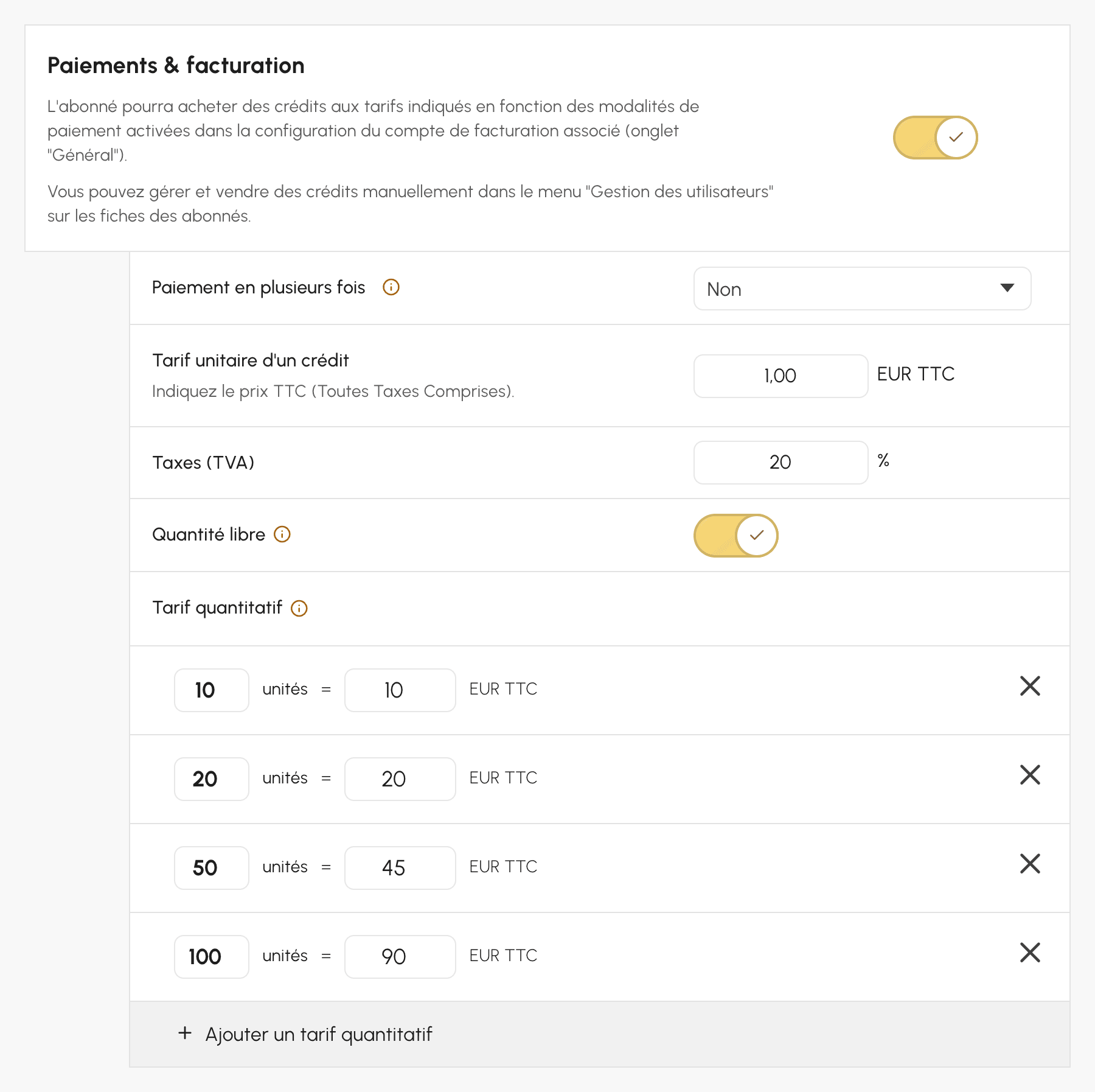 Rubrique Paiements & facturation de l'onglet Crédits : vente en ligne activée, tarif unitaire de 1 € et tarifs quantitatifs dégressifs