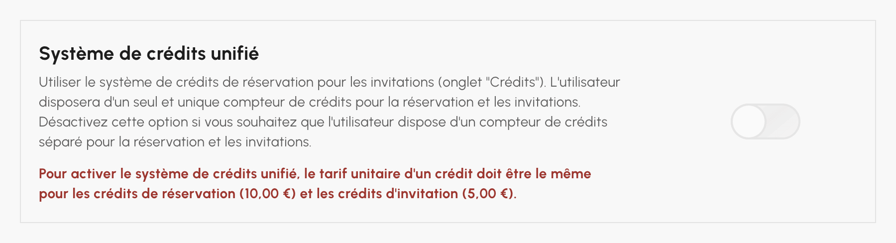 Option Système de crédits unifié activée dans l'onglet Invitations : message sur les tarifs unitaires différents et case de conversion des crédits d'invitation restants