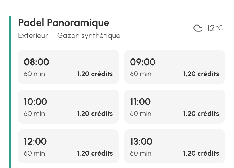 Vue Disponibilités sans le mode Wallet : 1,20 crédit par créneau d'une heure