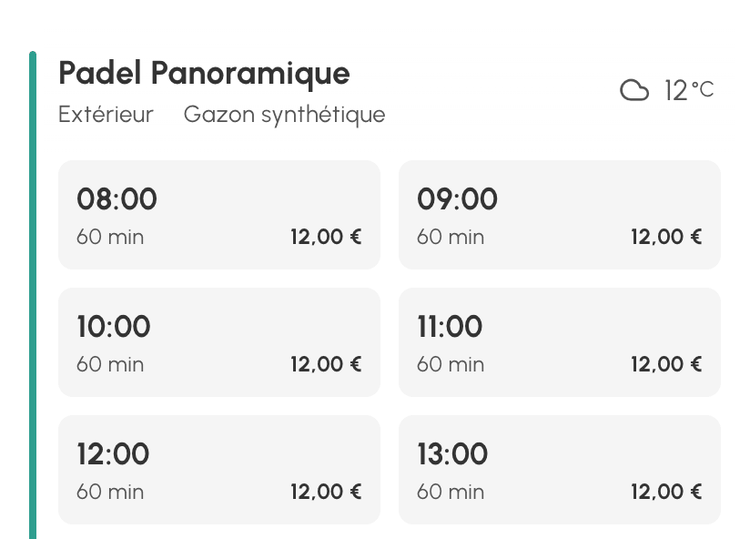 Vue Disponibilités en mode Wallet : 12,00 € par créneau d'une heure