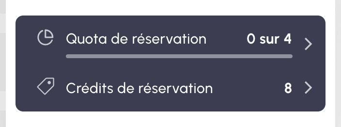 Menu Réservation sans le mode Wallet : solde de 8 crédits