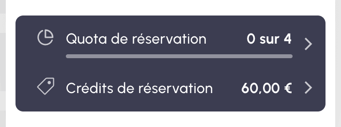 Menu Réservation en mode Wallet : solde de 60,00 €