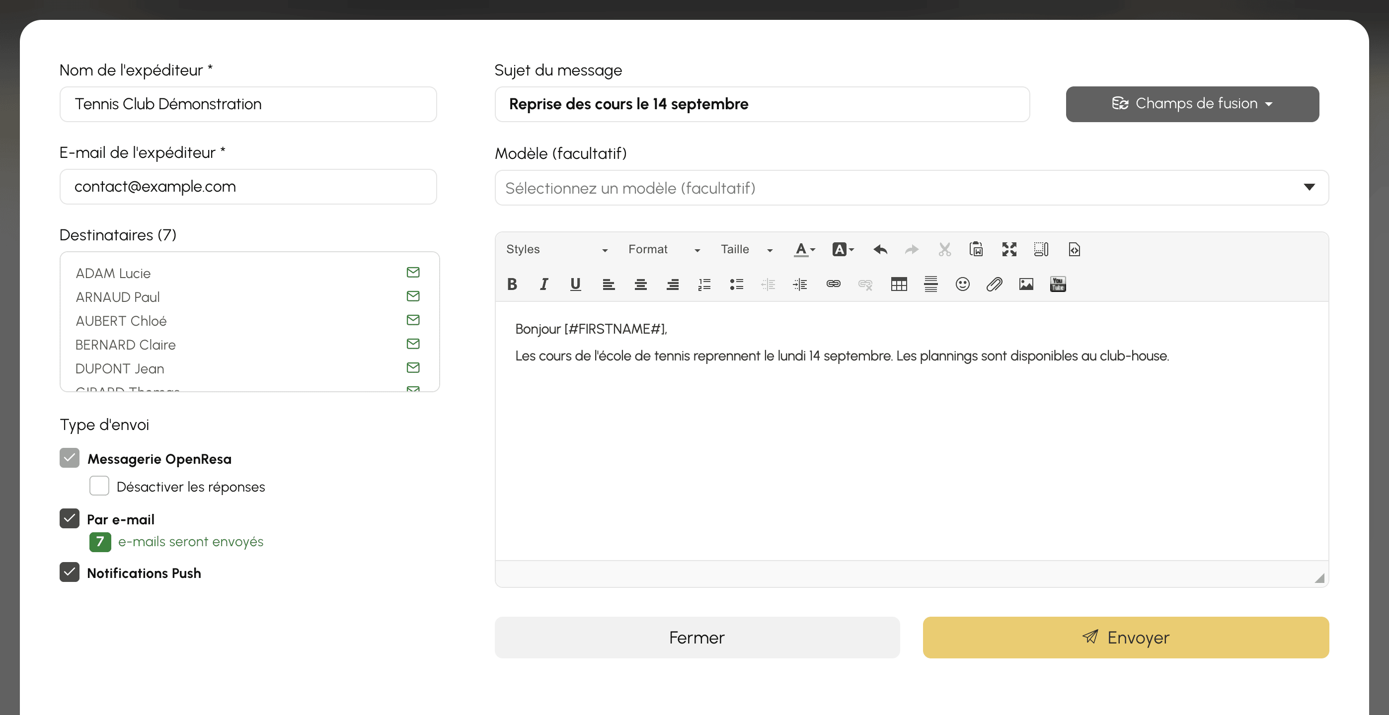 Sélection des destinataires et envoi d'un message groupé