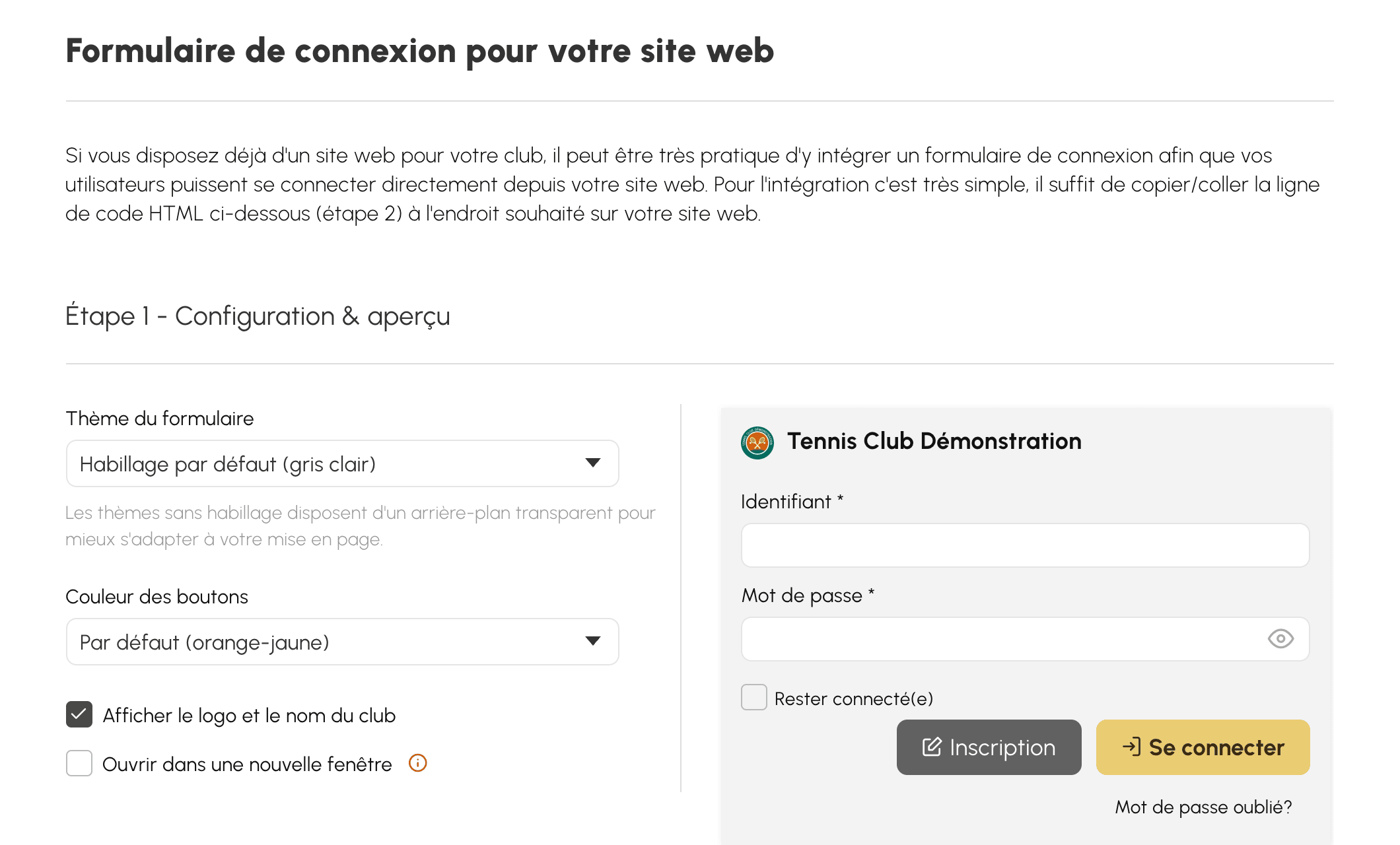 Configuration et aperçu du formulaire de connexion à intégrer