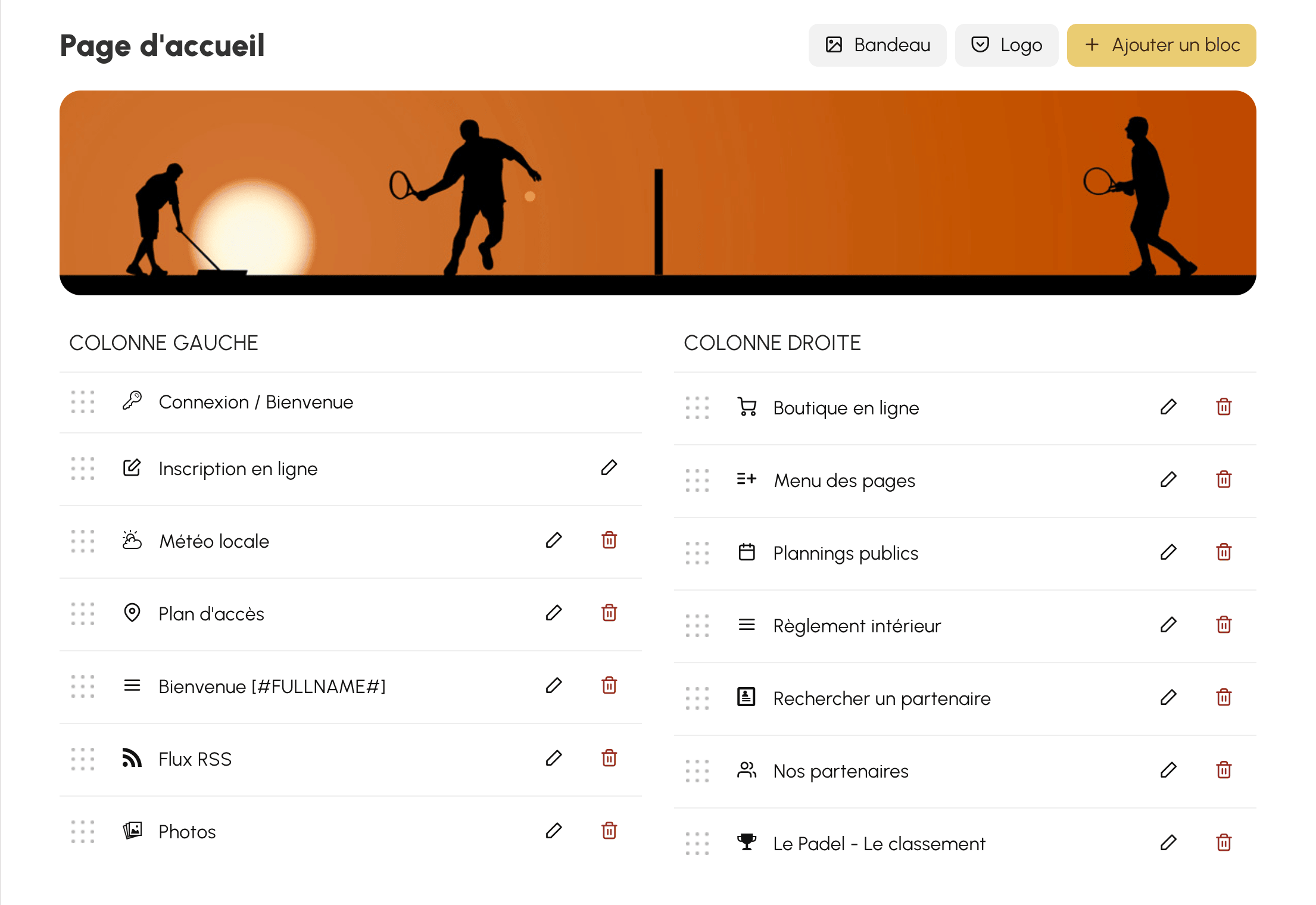 Organisation des blocs de la page d'accueil en deux colonnes