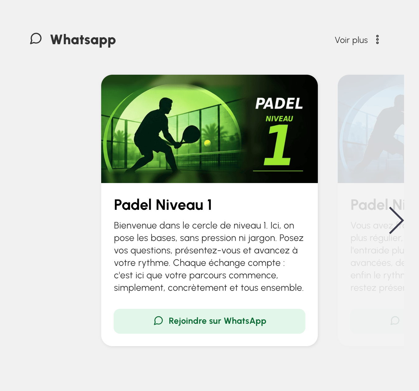 Bloc WhatsApp sur la page d'accueil de l'organisation