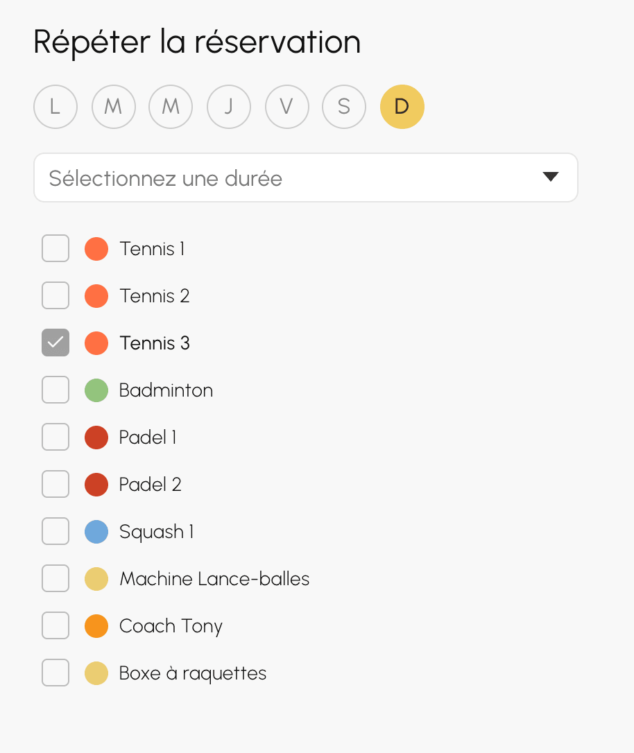 Boîte de répétition du formulaire de réservation : jours, durée et calendriers
