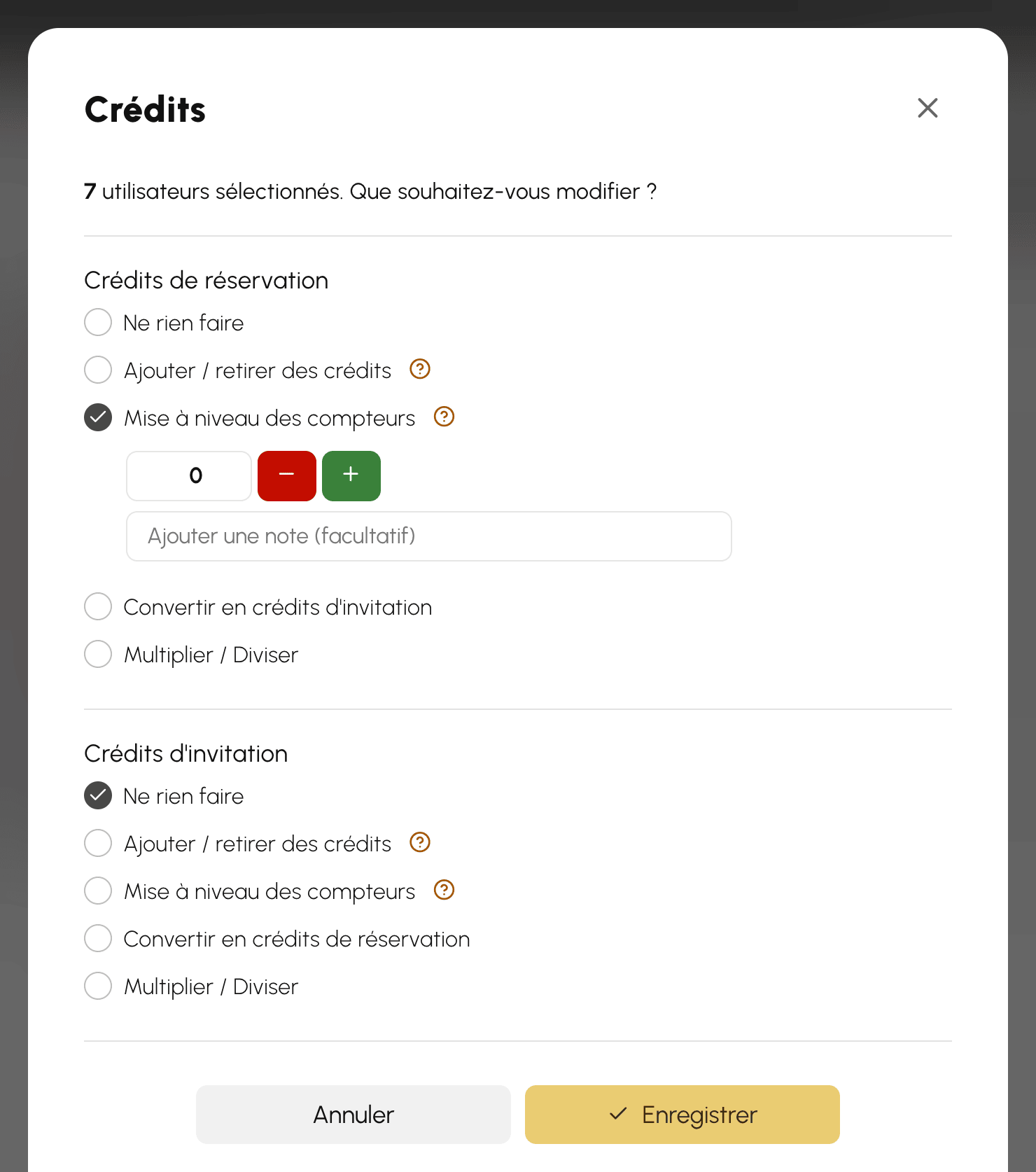 Action groupée pour remettre les compteurs de crédits à niveau