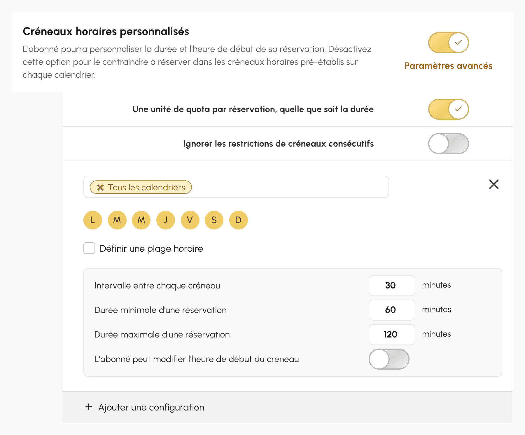 Paramètres avancés des créneaux horaires personnalisés : intervalle, durées minimale et maximale