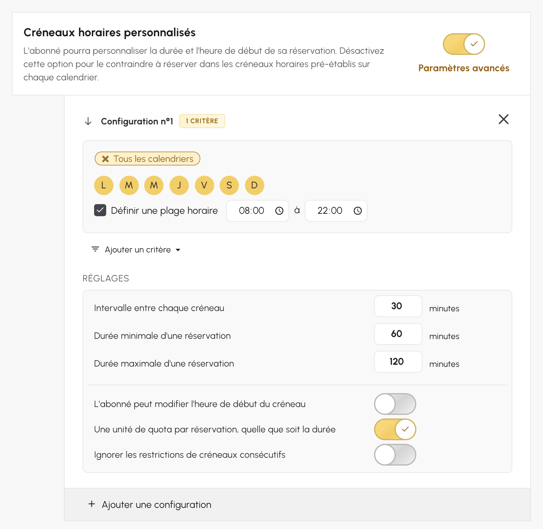Paramètres avancés des créneaux horaires personnalisés : intervalle, durées minimale et maximale