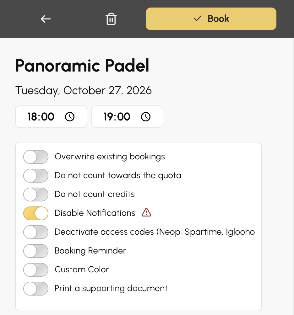 Manager options on the booking form