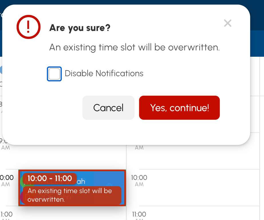 Confirmação antes de substituir uma reserva existente