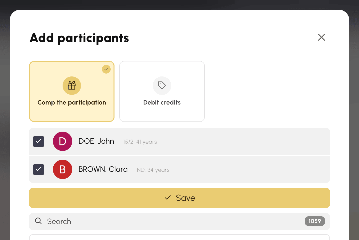 The choice between offering free participation and debiting credits when adding participants