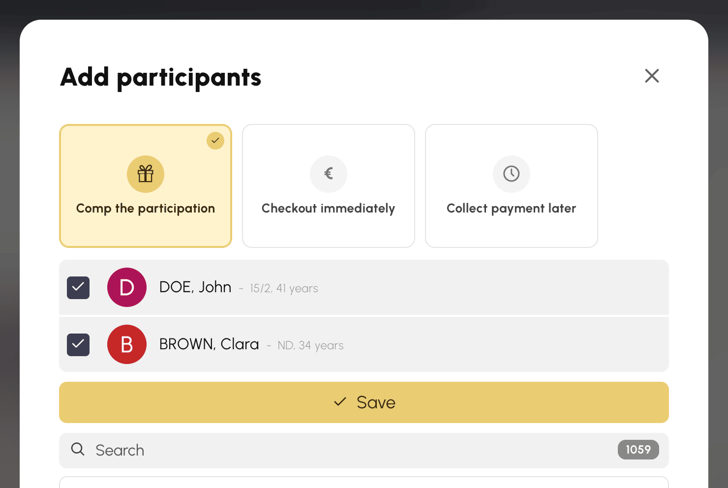 The three ways of handling the amount when adding participants to a session paid for by product