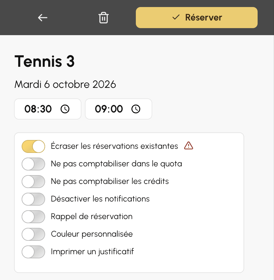 Options du responsable sur le formulaire de réservation