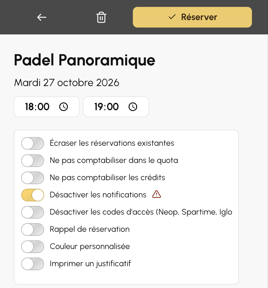 Options du gestionnaire sur le formulaire de réservation