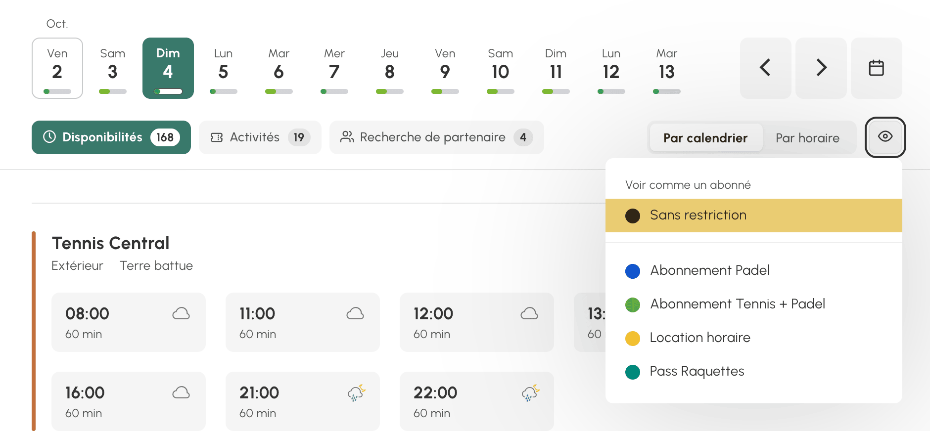 Menu Voir comme un abonné : la liste des abonnements de l'organisation