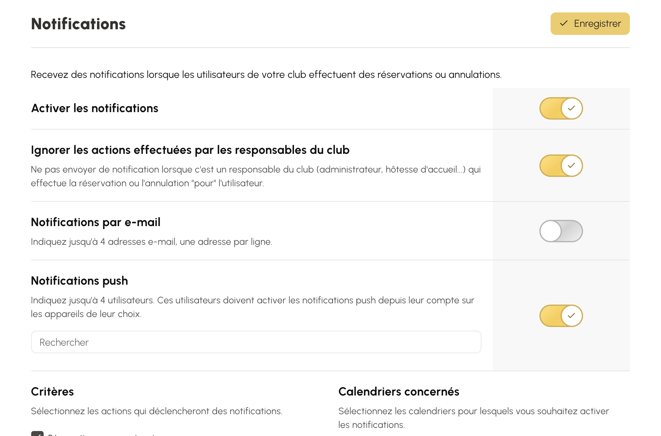 Réglages des alertes de réservation : activation, destinataires et critères