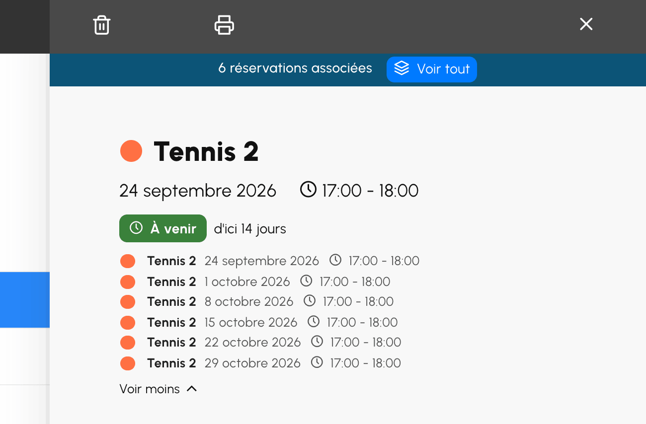 Les dates d'une série dans le détail d'une réservation répétée